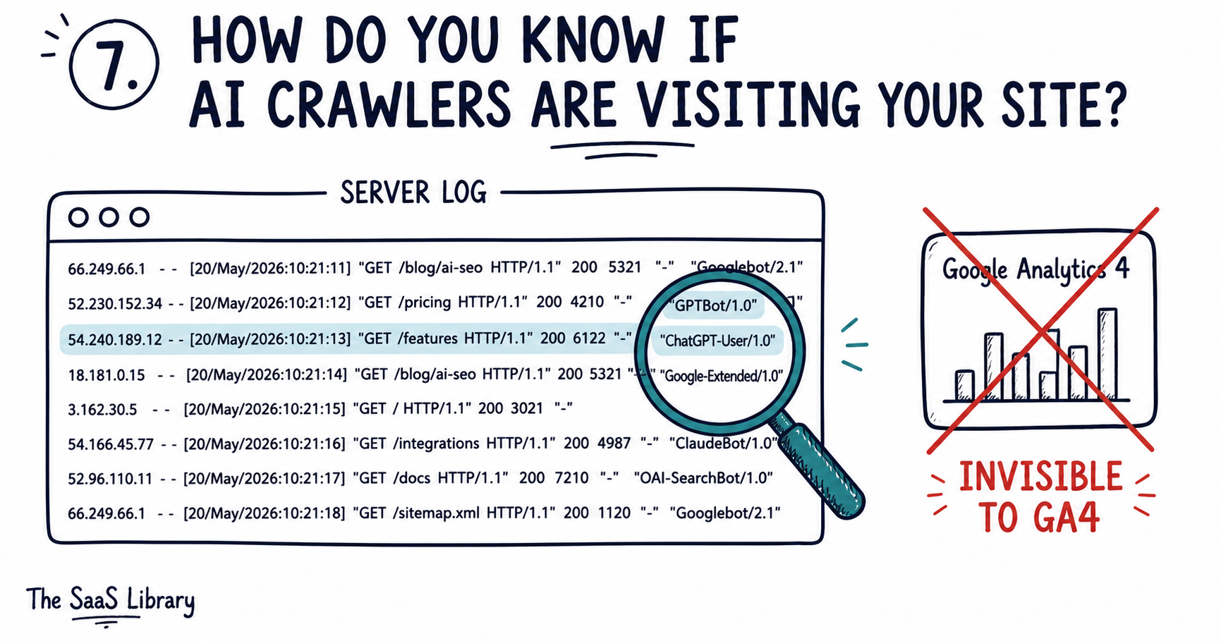 Server log showing AI crawler hits invisible to standard analytics tools
