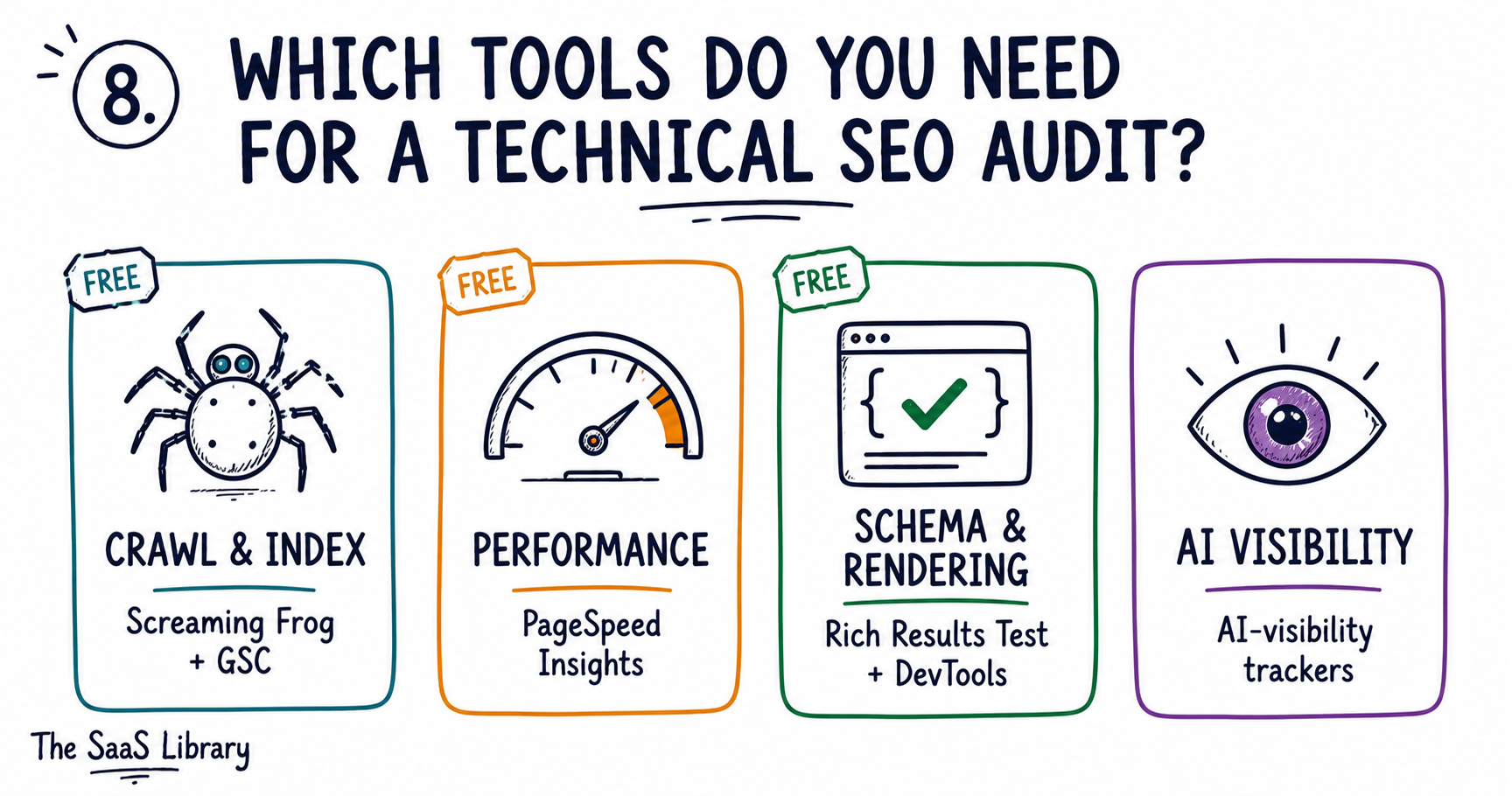 Four tool categories needed for a technical SEO audit in 2026