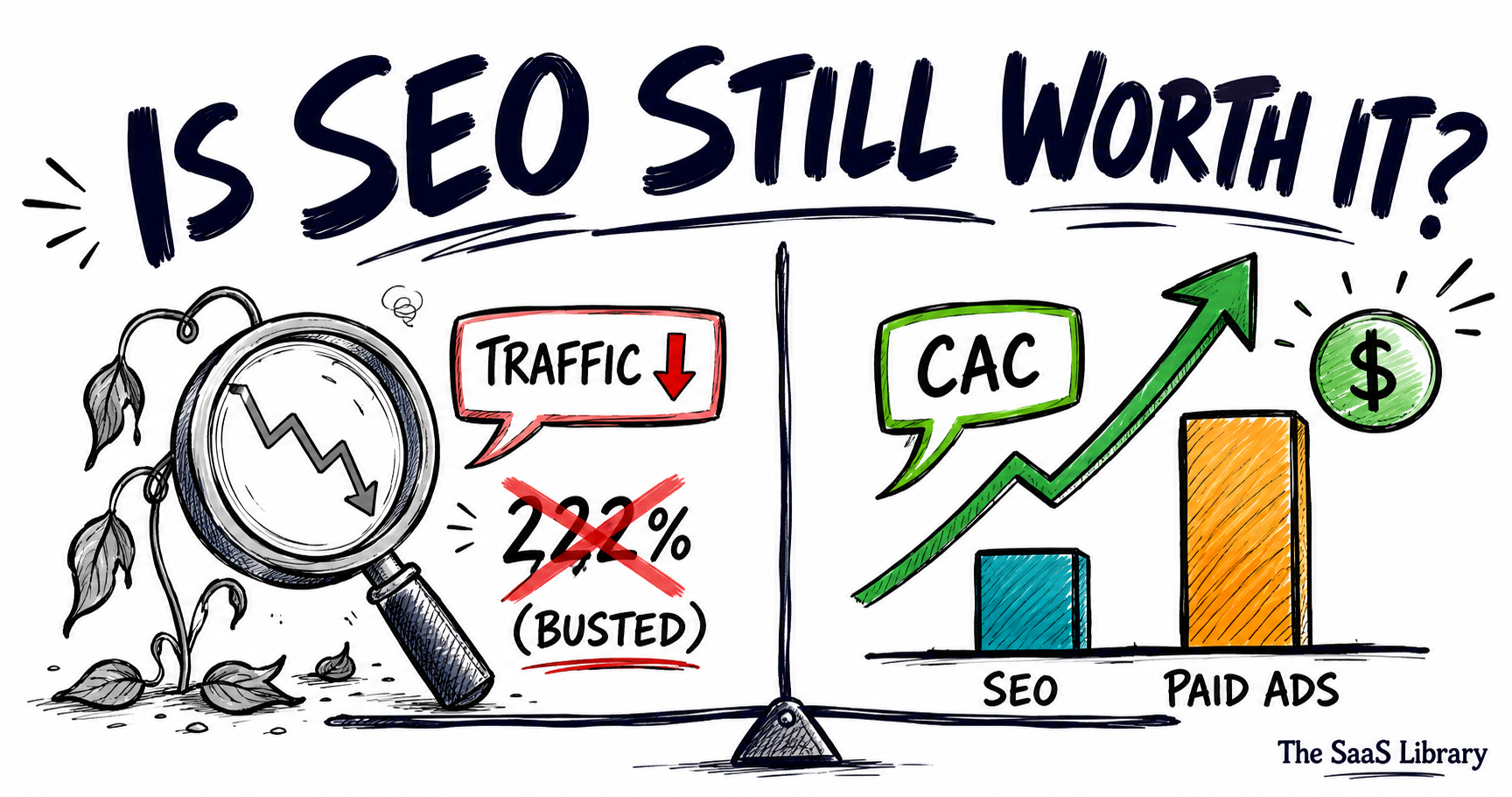 Split illustration debunking the 222% CAC stat and comparing SEO vs paid ad costs for SaaS