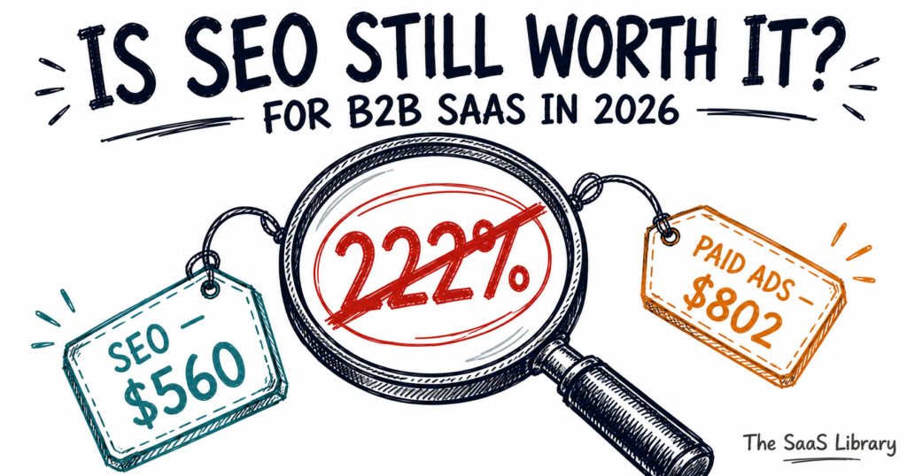 A magnifying glass exposing the fake 222% CAC stat, with SEO and paid ad costs compared for B2B SaaS.