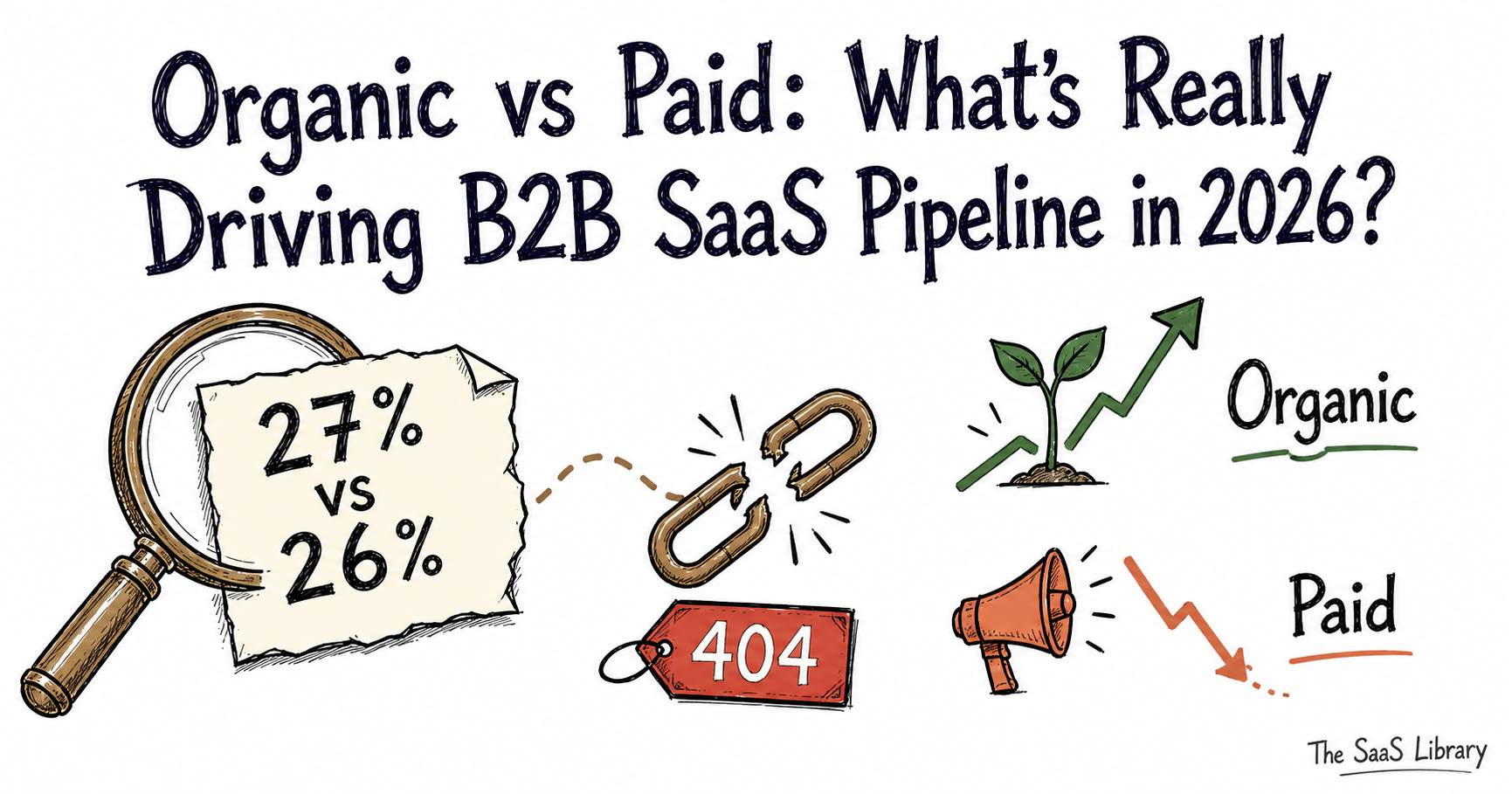 Doodle illustration tracing the organic vs paid B2B SaaS pipeline 2026 stat to a broken link