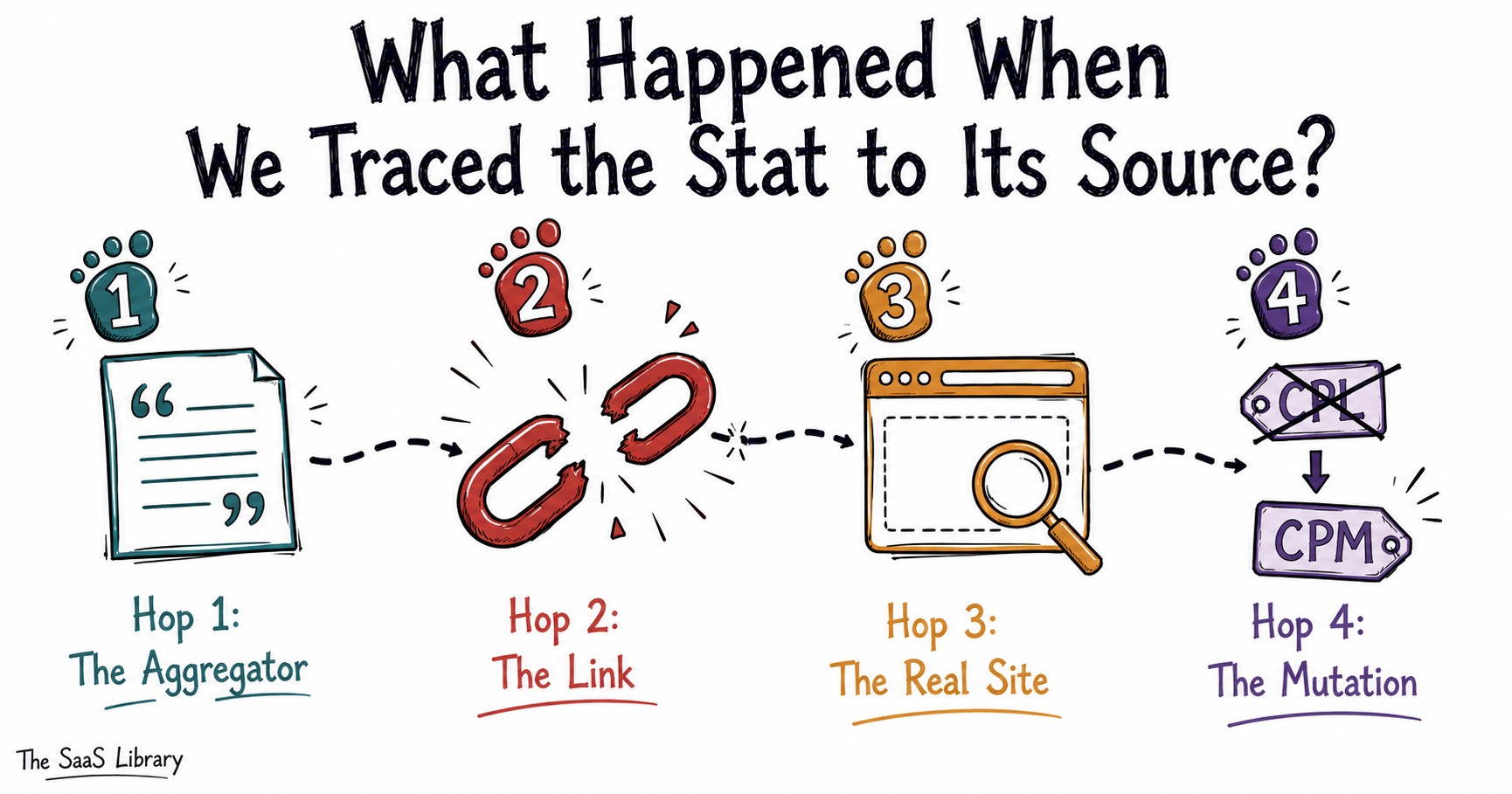 Four-hop citation trace of a B2B SaaS pipeline stat breaking at a dead link