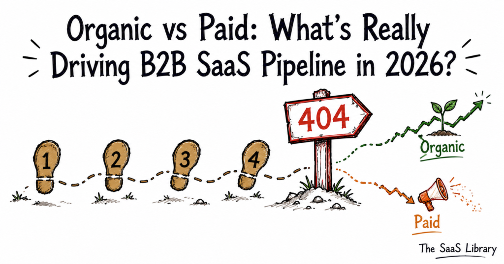 Doodle illustration of a four-step citation trail ending at a dead link for the 2026 B2B SaaS pipeline stat
