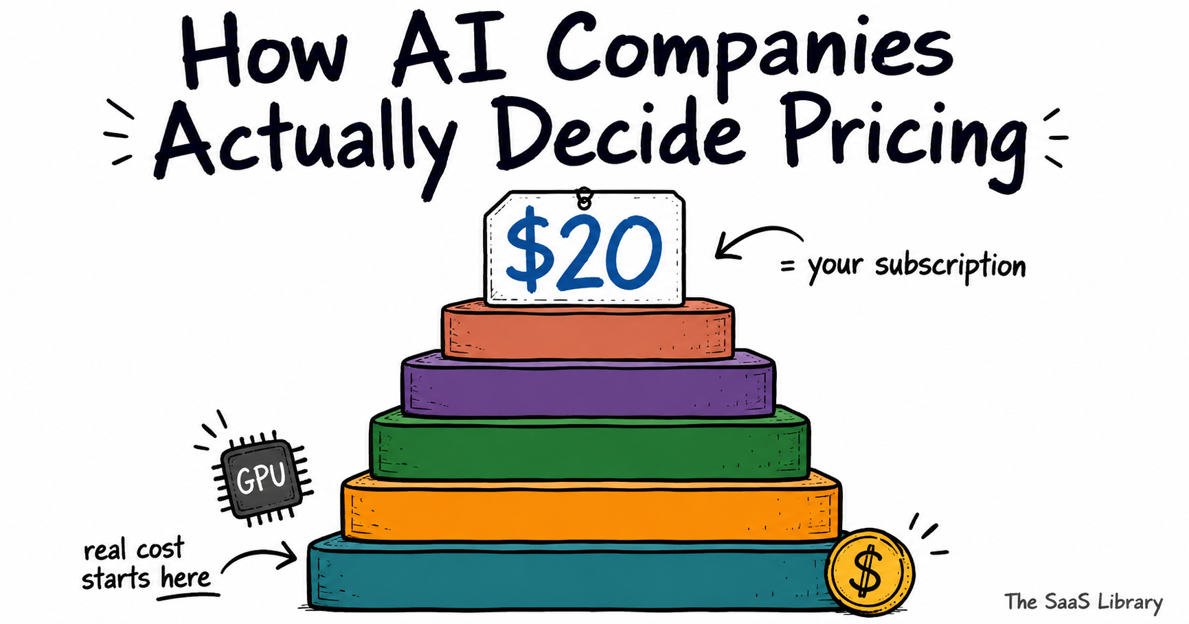 Doodle illustration of five stacked cost layers topped by a $20 price tag, showing how AI companies decide pricing