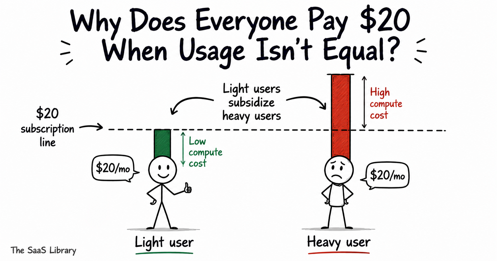 Doodle illustration showing how light AI users subsidize heavy users under flat $20 subscription pricing