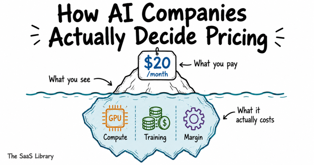 Doodle iceberg showing a visible $20/month AI subscription tip and hidden GPU compute, training, and margin costs below the waterline.