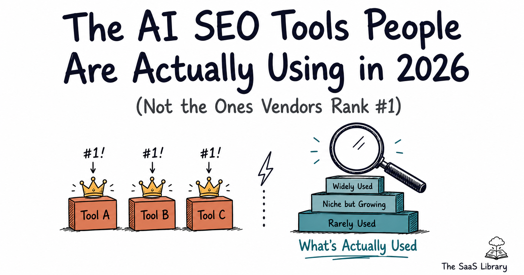 Doodle illustration contrasting self-ranked AI SEO tools 2026 lists with real tool usage