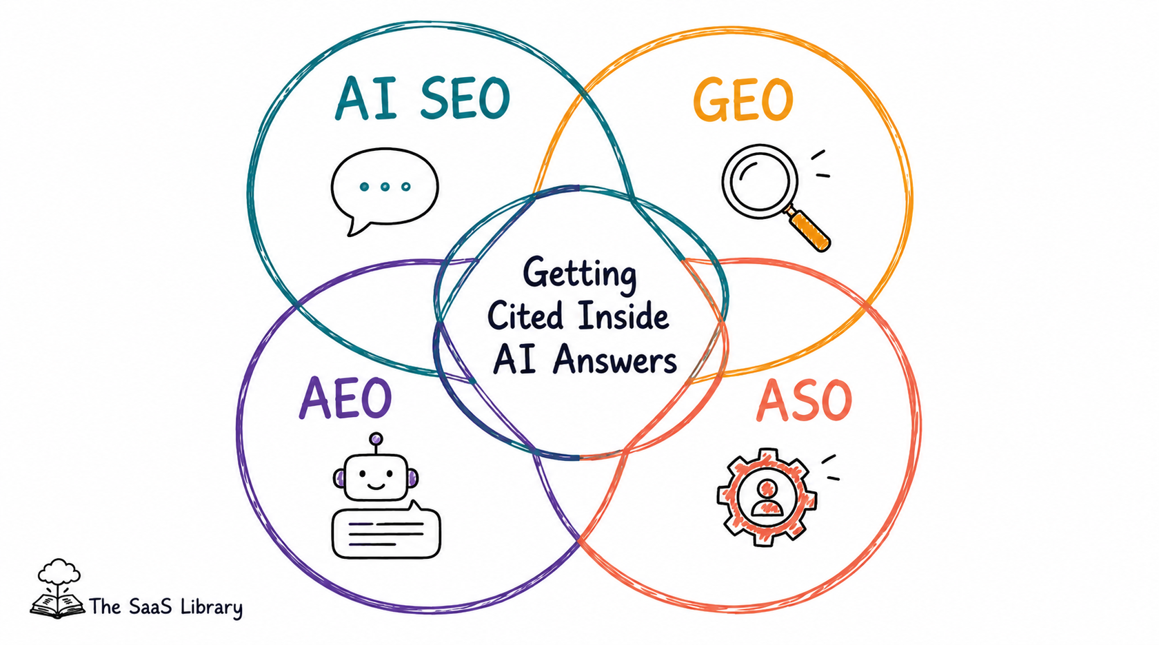 Venn diagram showing AI SEO, GEO, AEO, and ASO as overlapping terms for one idea