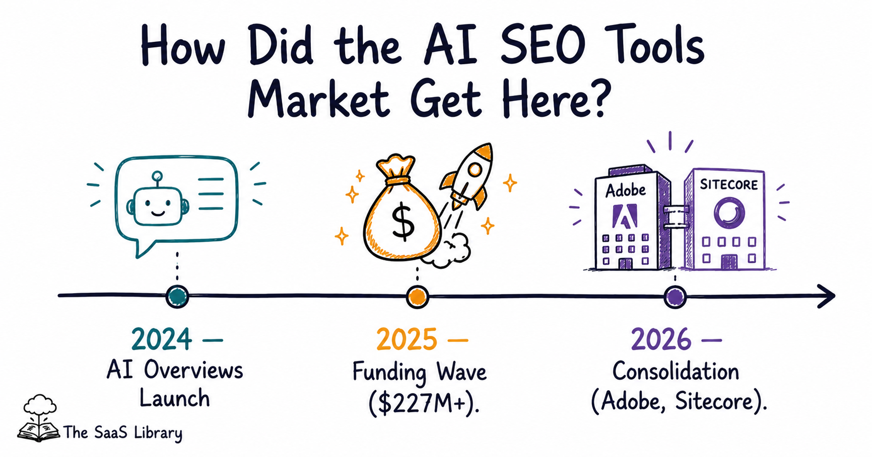Timeline showing the AI SEO tools 2026 market's path from 2024 to consolidation