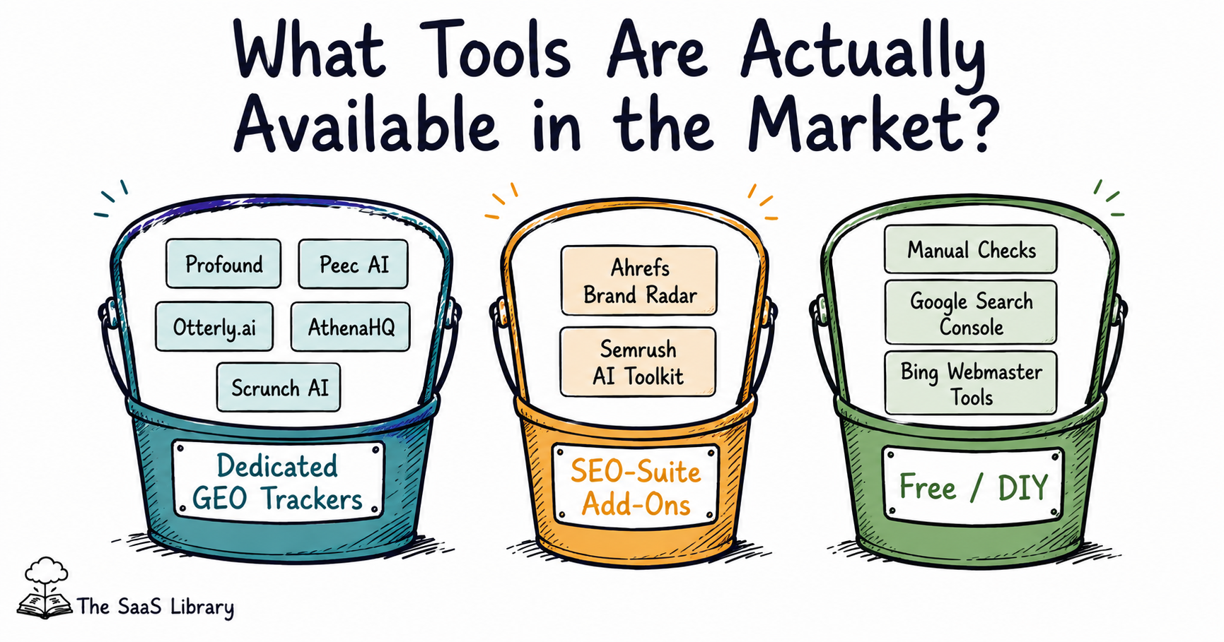Three categories of AI SEO tools 2026 sorted into labelled buckets