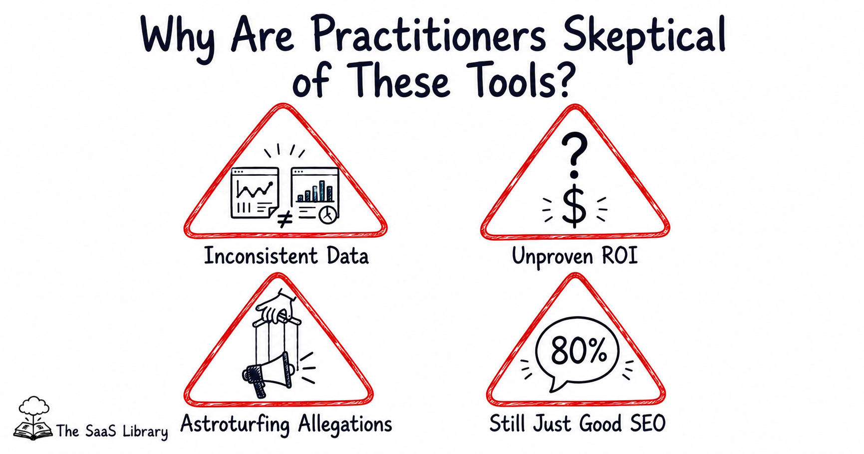 Four reasons practitioners distrust AI SEO tools 2026 shown as warning icons