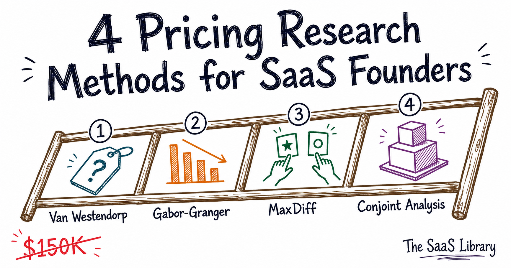 Four pricing research methods for SaaS founders shown as ladder rungs, no consultant required