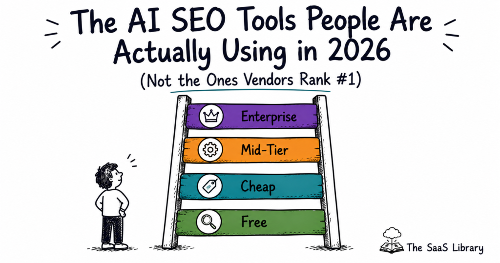 Doodle illustration of a four-rung ladder representing AI SEO tools 2026 by budget tier.