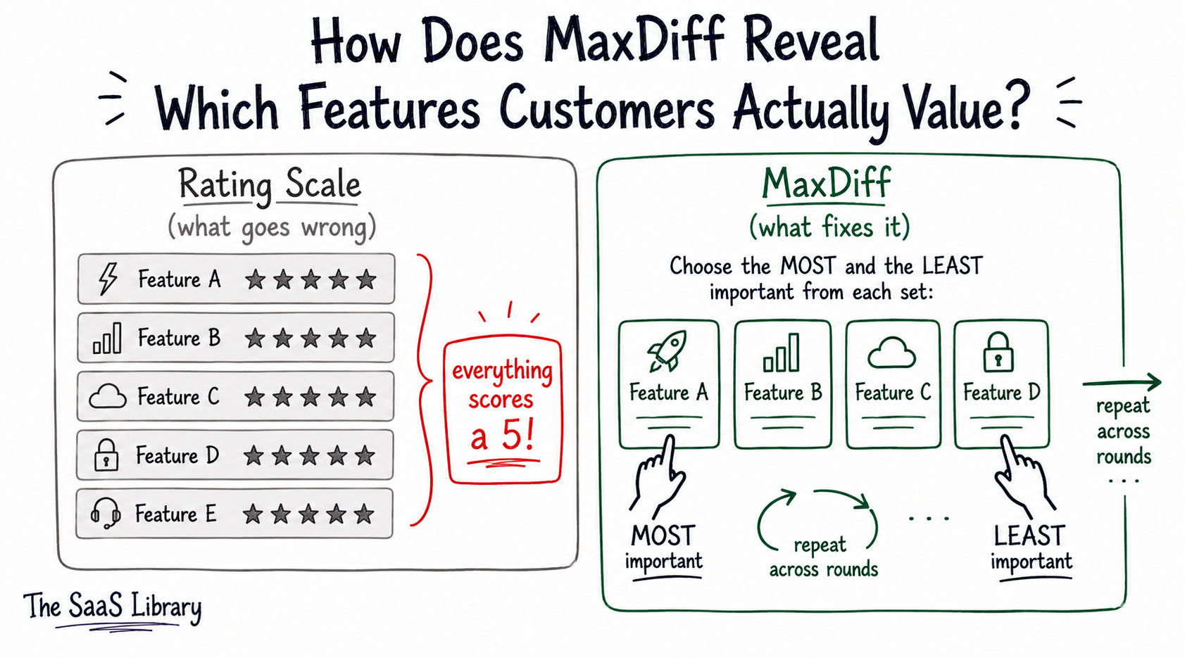MaxDiff forced choice comparison against inflated five-star rating scale results