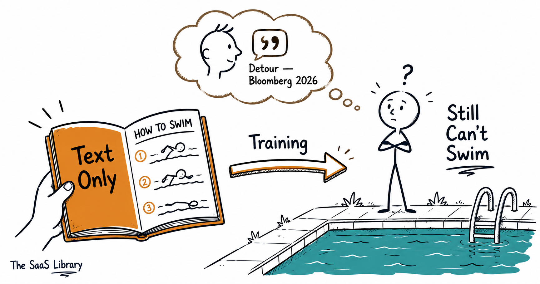 Doodle of a person reading a swimming manual but standing dry at a pool, illustrating the LLM dead end argument