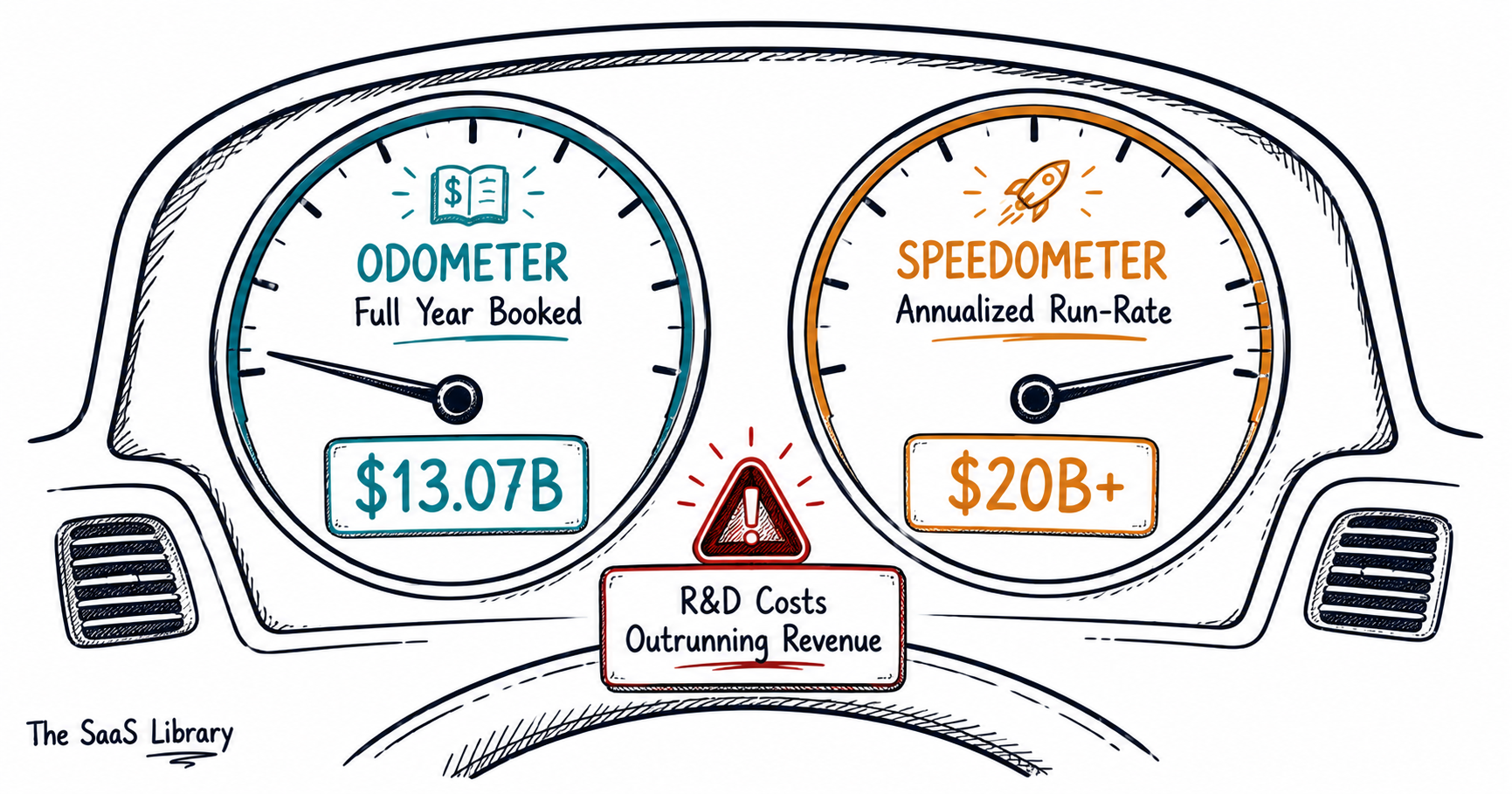 Doodle dashboard comparing OpenAI's booked revenue odometer against its annualized run-rate speedometer