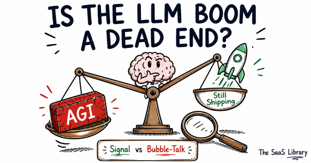 Doodle scale illustrating is the LLM boom a dead end, weighing AGI down against LLMs still shipping