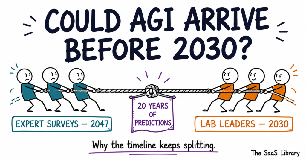 Doodle tug-of-war between experts and lab leaders shows the split on whether AGI could arrive before 2030.