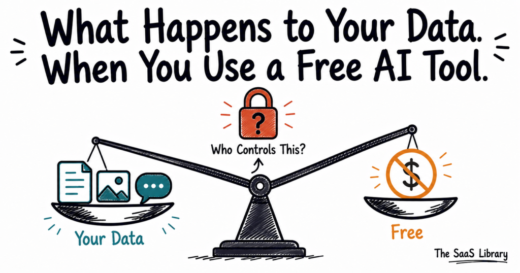 What happens to your data when you use a free AI tool, shown as a data-versus-free trade-off scale.
