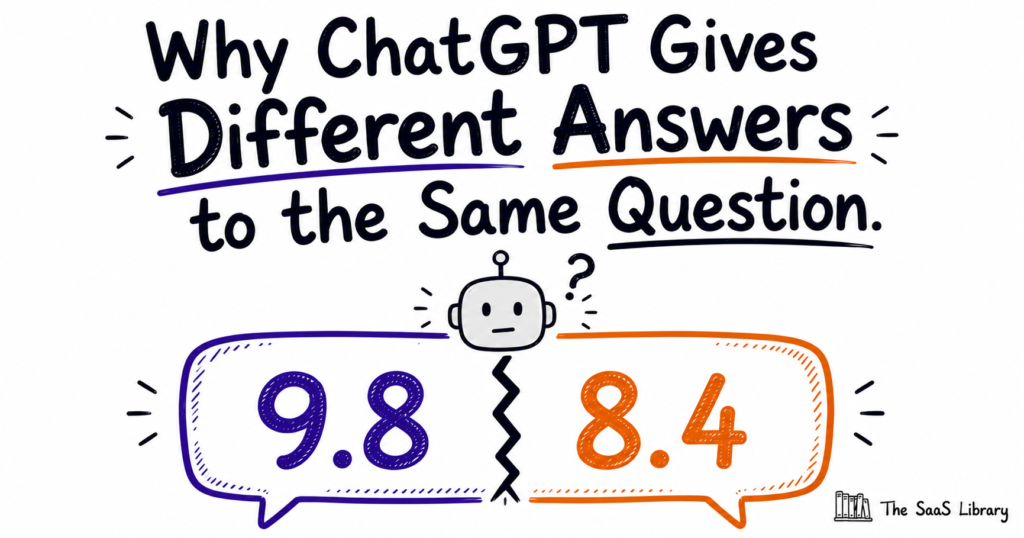 Split chat bubble showing two different ChatGPT scores for the same article, illustrating AI evaluation inconsistency.