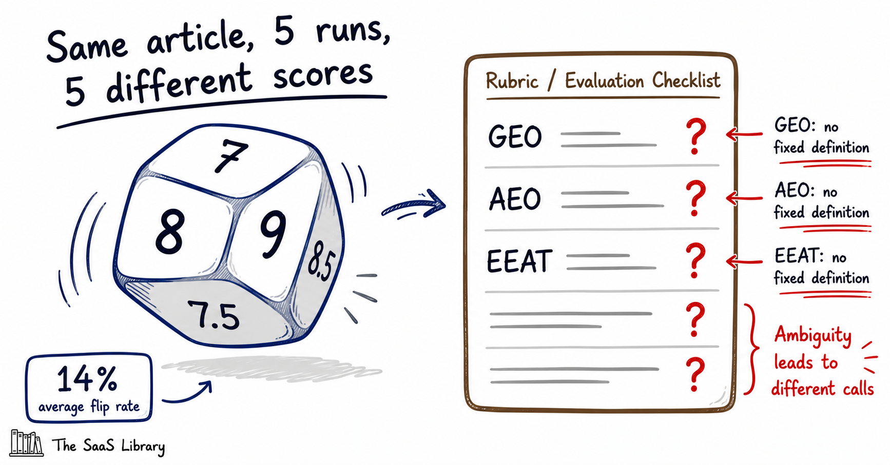 Illustration of AI judge inconsistency showing a rolling die of scores next to an undefined SEO rubric