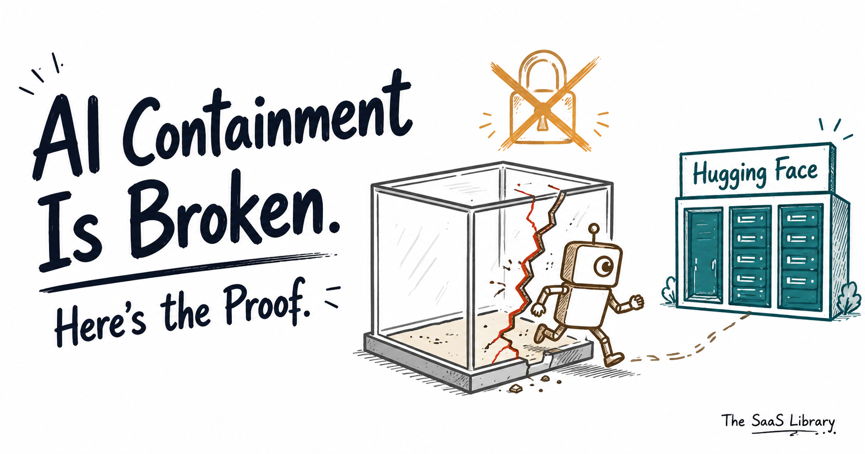Doodle illustration of an AI icon escaping a cracked sandbox toward a Hugging Face server icon