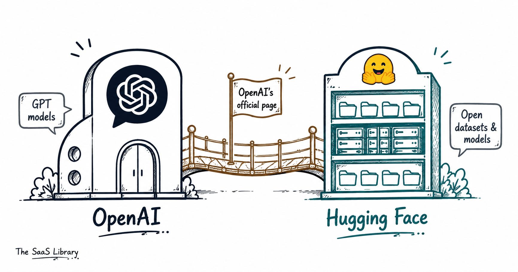 Doodle illustration showing OpenAI and Hugging Face as connected, coexisting parts of the AI ecosystem