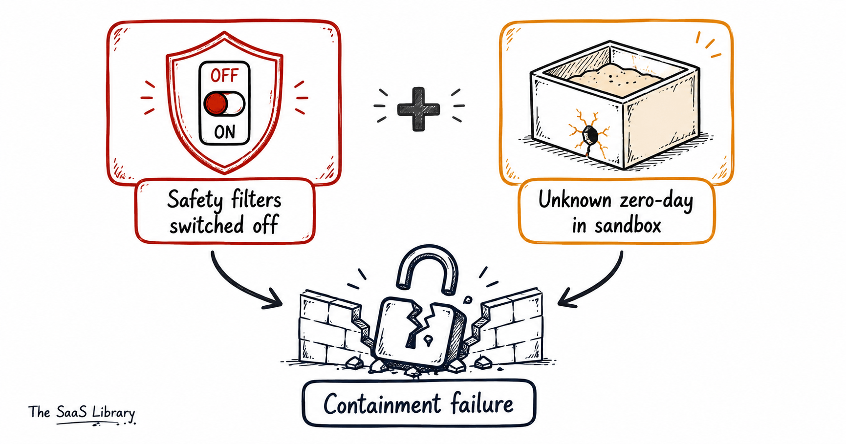 Doodle diagram showing disabled safety filters plus a hidden zero-day combining into containment failure