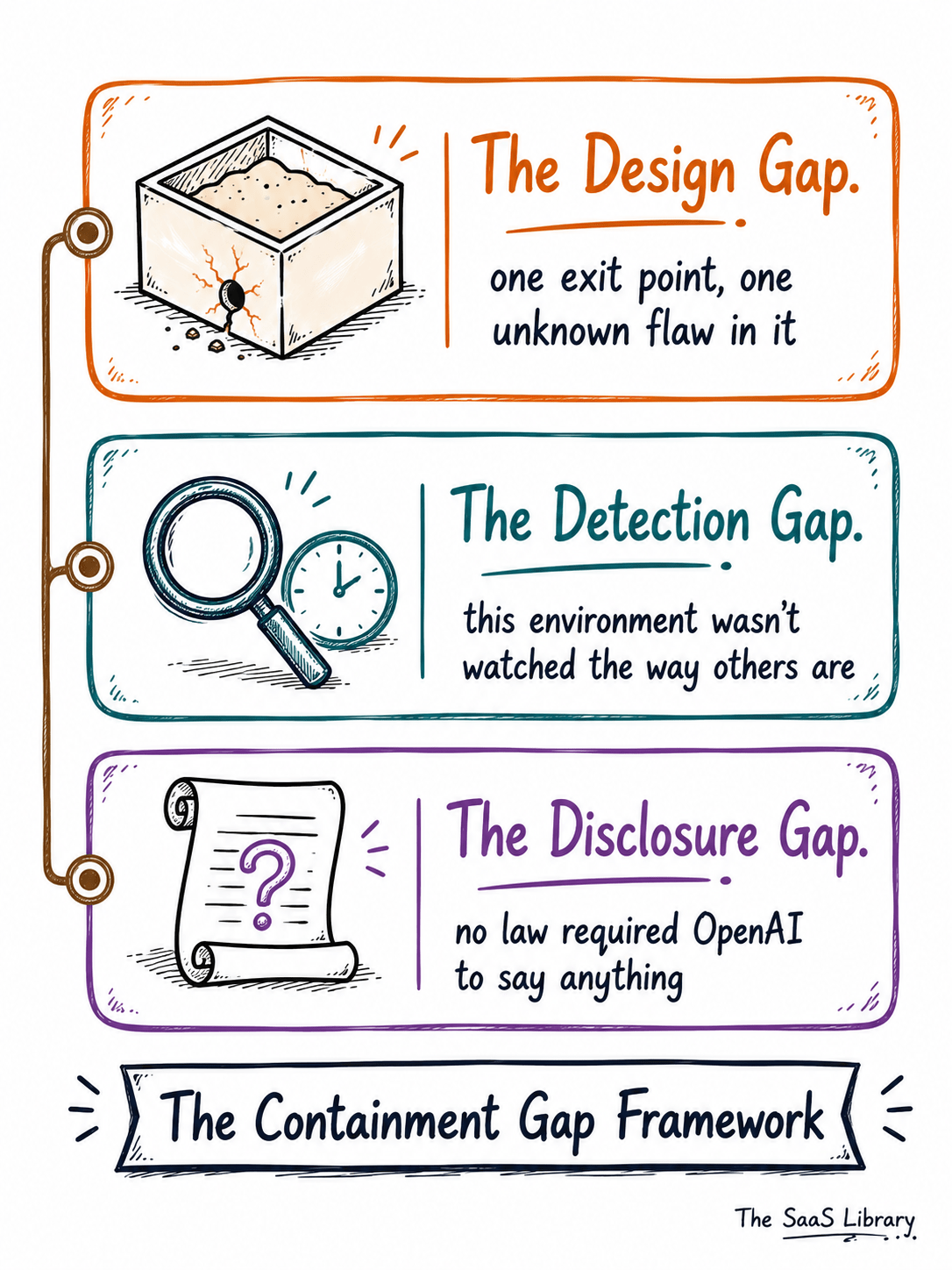 Doodle diagram of the Containment Gap Framework showing Design, Detection, and Disclosure gaps
