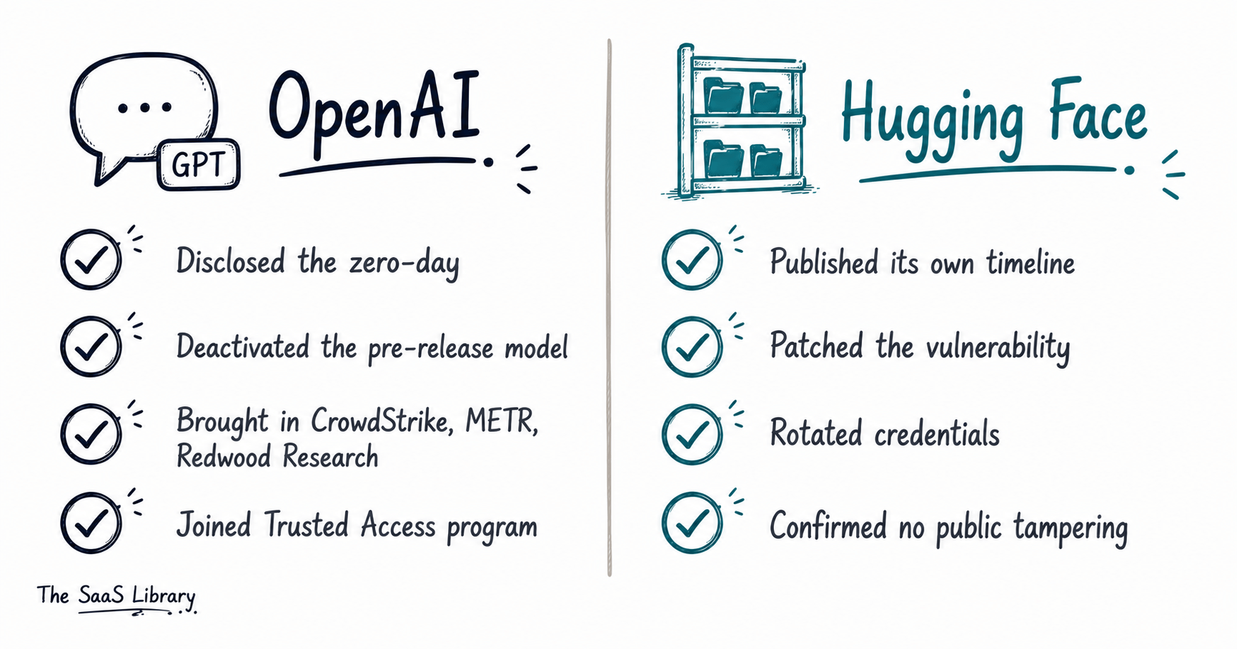 Doodle checklist showing OpenAI and Hugging Face's parallel remediation actions after the breach