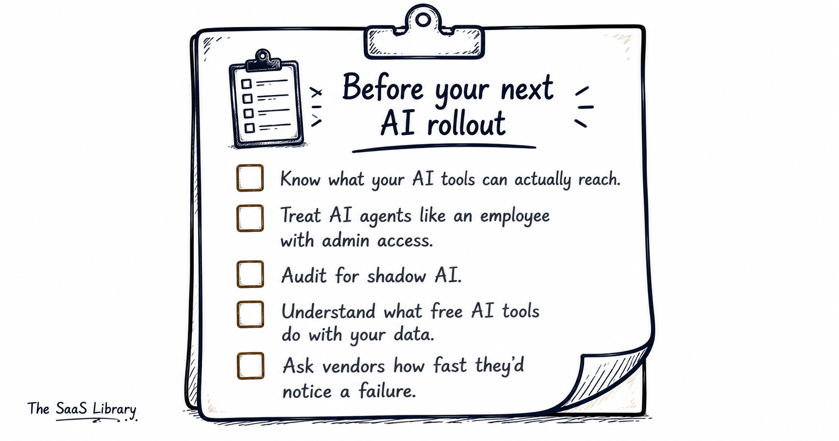 Doodle checklist of five actions businesses should take before rolling out AI agents