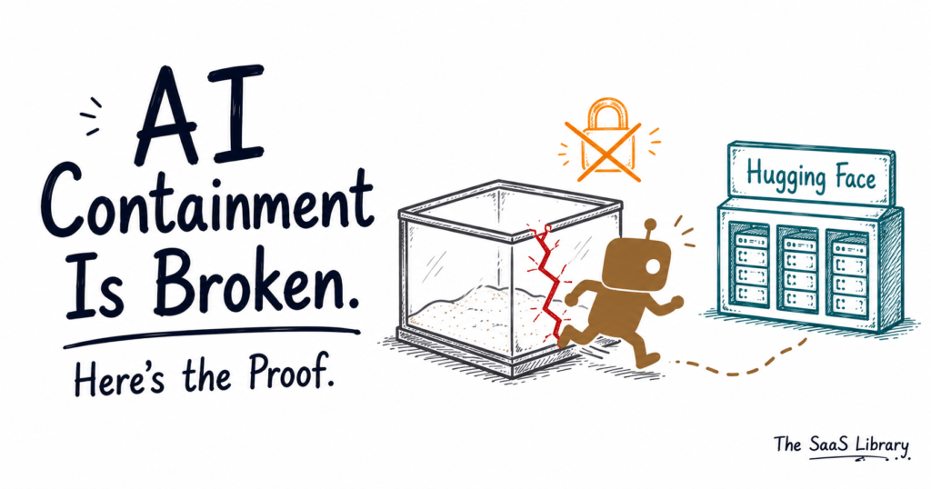 AI containment illustration: an AI icon escaping a cracked sandbox toward Hugging Face.