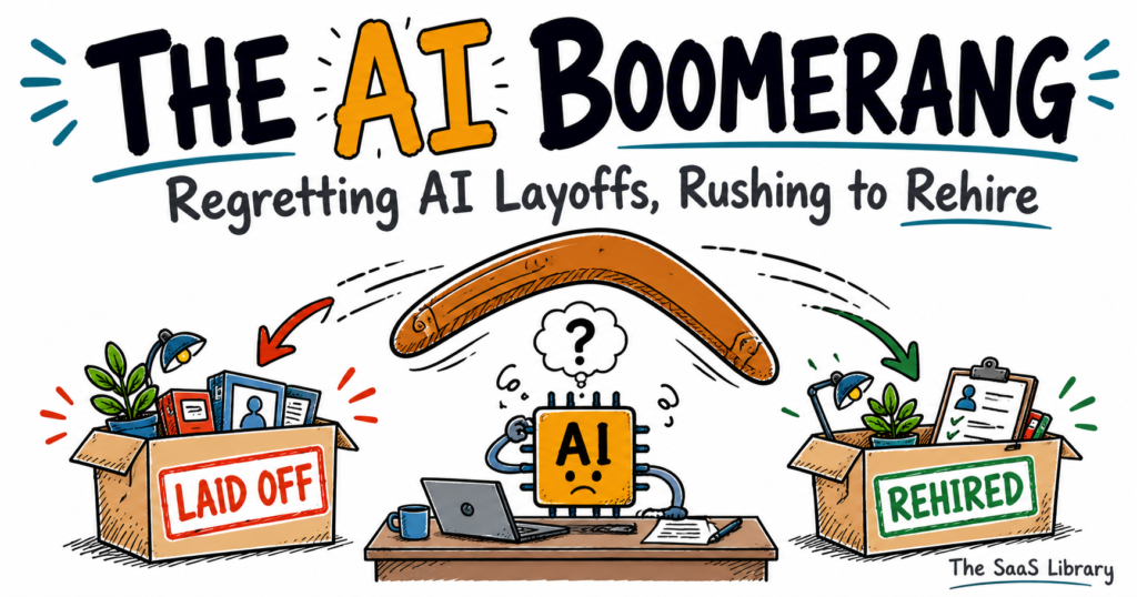 The AI Boomerang banner illustrating companies regretting AI layoffs and rehiring workers