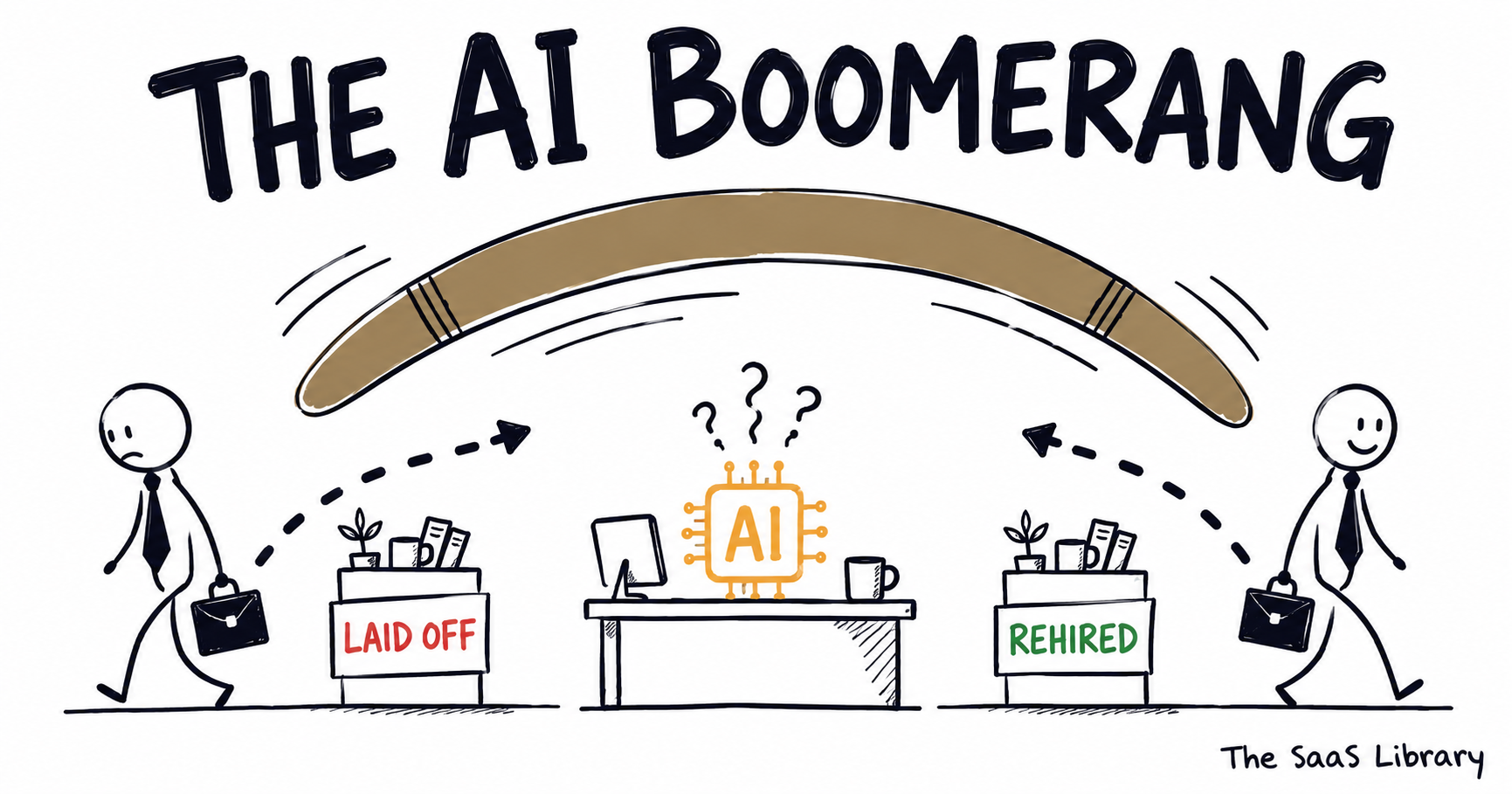 Illustration of AI layoffs regret: a worker laid off then rehired in The AI Boomerang cycle