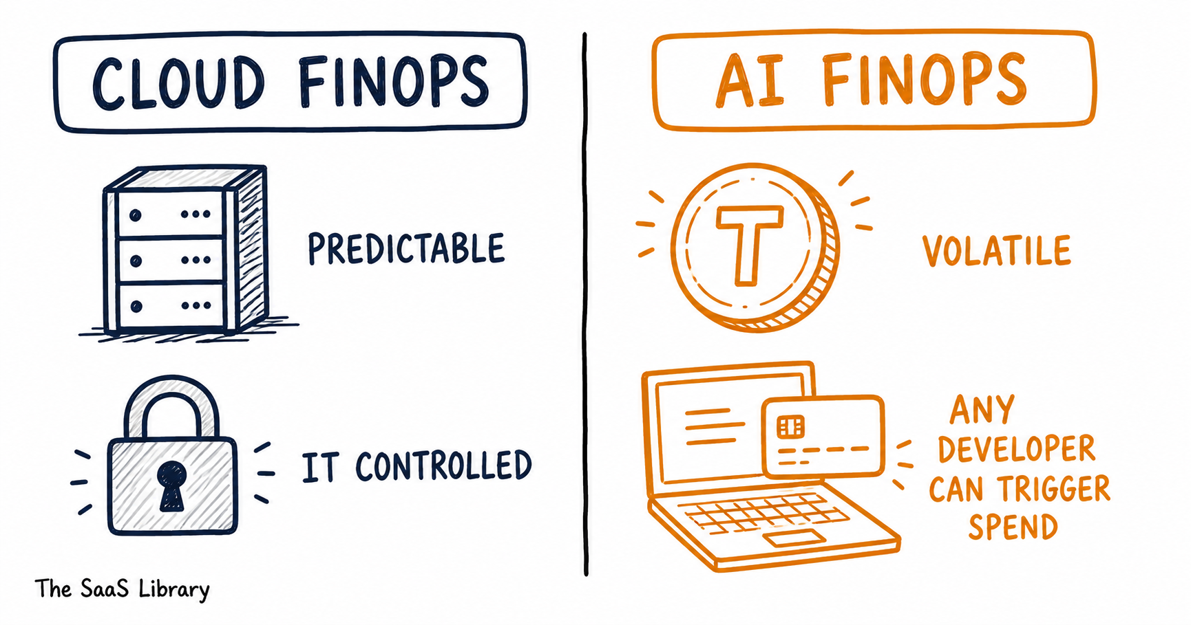 Doodle comparison of cloud FinOps versus AI FinOps cost structures and control