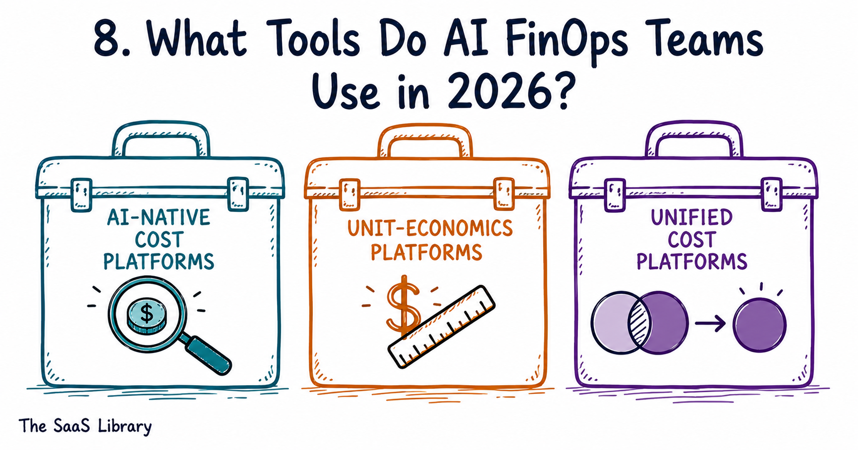 Doodle diagram of three AI FinOps tool categories: native, unit-economics, and unified