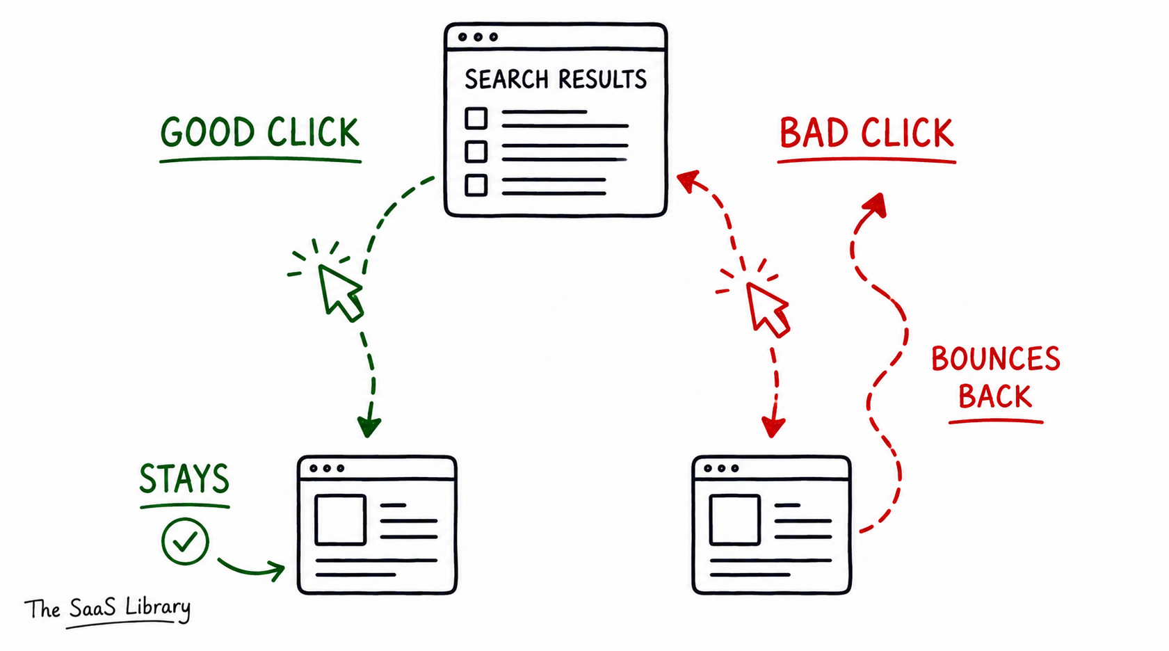 Good click versus bad click showing how NavBoost tracks whether visitors stay or bounce back to search
