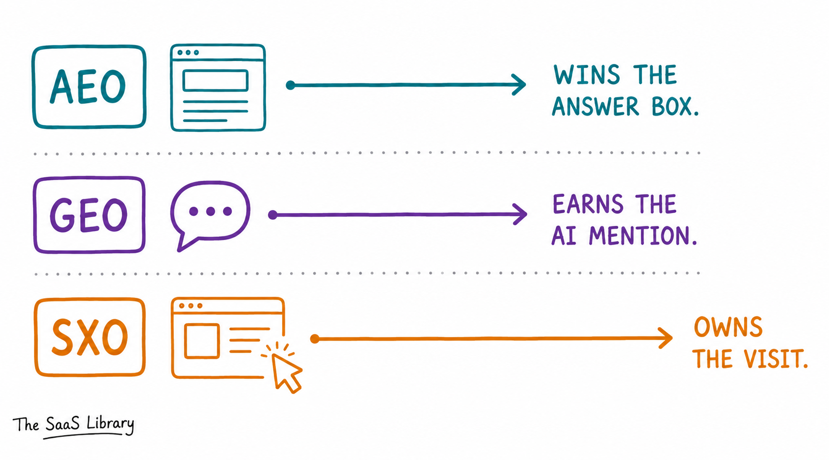 How SXO, AEO, and GEO divide the search journey between answer box, AI mention, and the visit