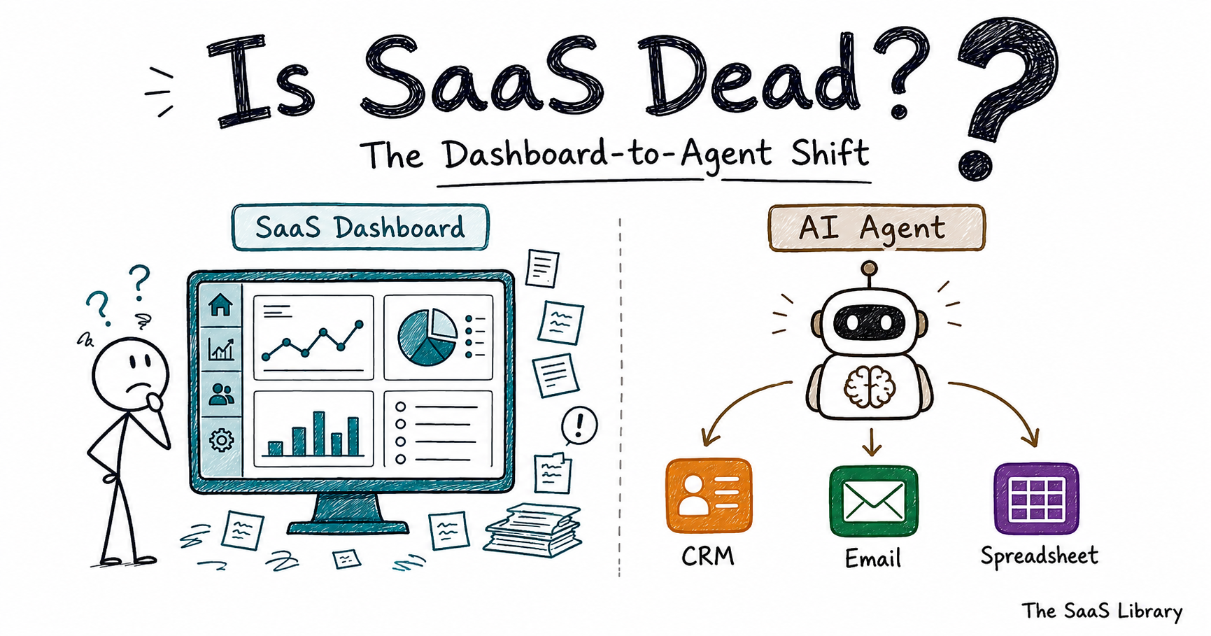 Split illustration comparing a SaaS dashboard to an AI agent connecting business apps, is SaaS dead