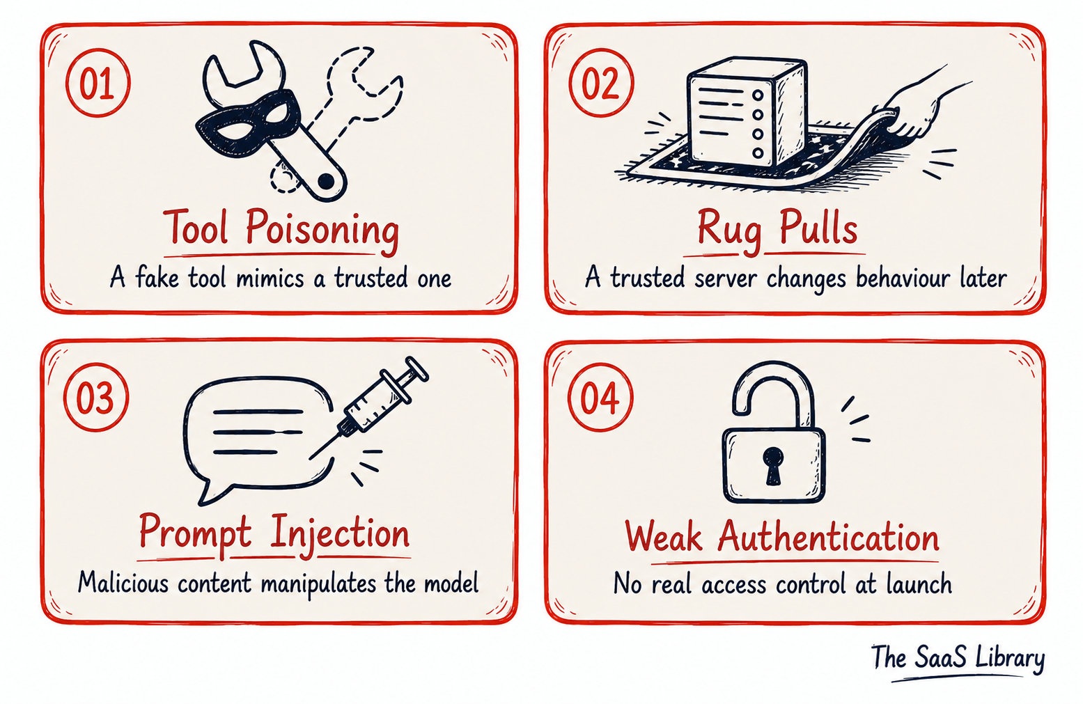 Four MCP security risks including tool poisoning, rug pulls, prompt injection, and weak authentication