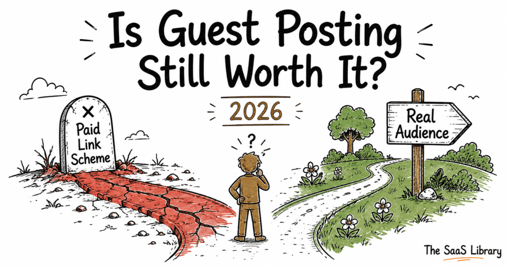 Doodle illustration asking is guest posting still worth it in 2026, forked path