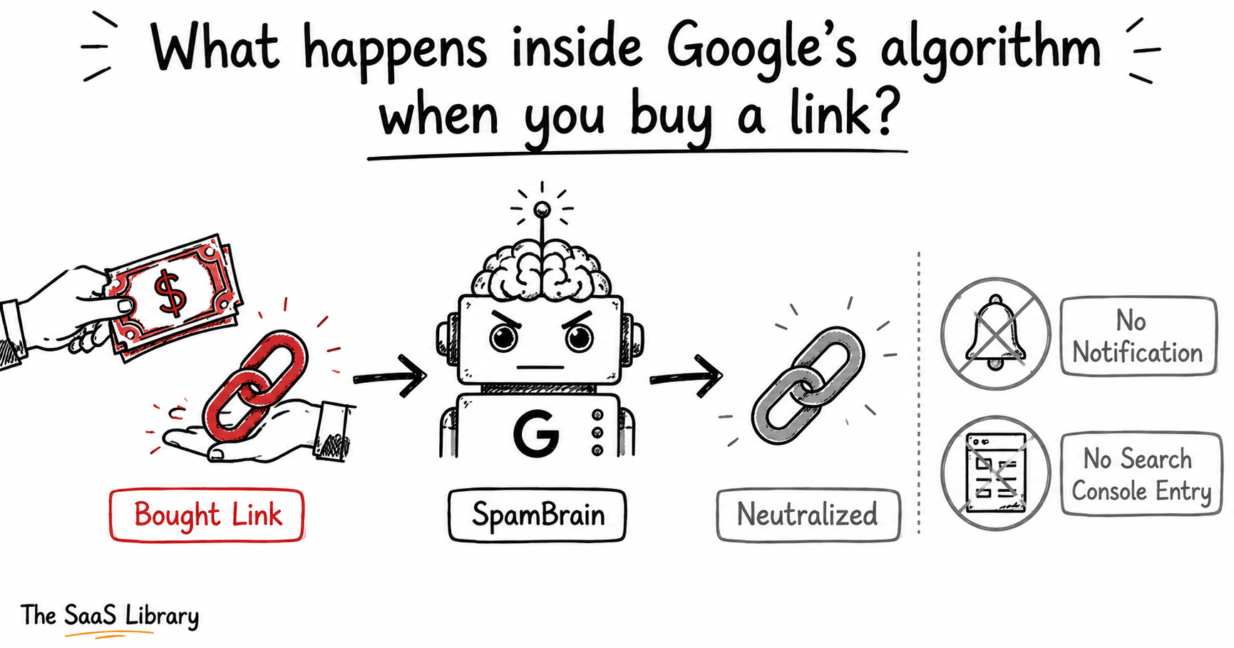 Doodle flow diagram of Google SpamBrain silently neutralizing a bought link with no notification