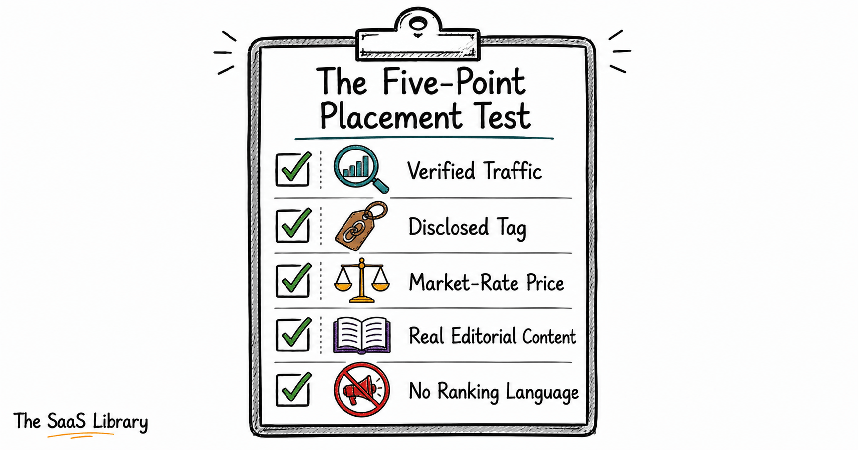 Doodle checklist illustrating the Five-Point Placement Test for evaluating guest post offers