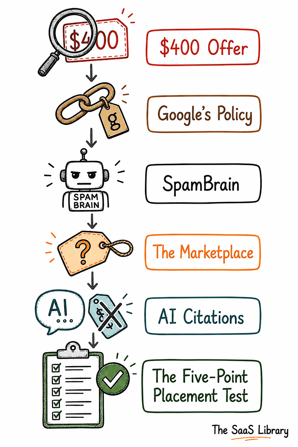 Doodle summary flow from guest post offer through Google policy to the Five-Point Placement Test framework