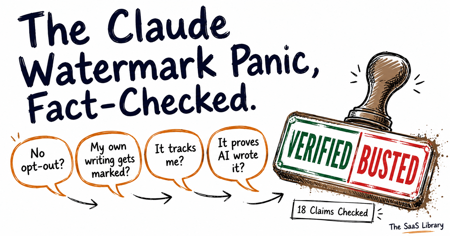 Claude AI watermark accusations being fact-checked, verified and busted stamp illustration