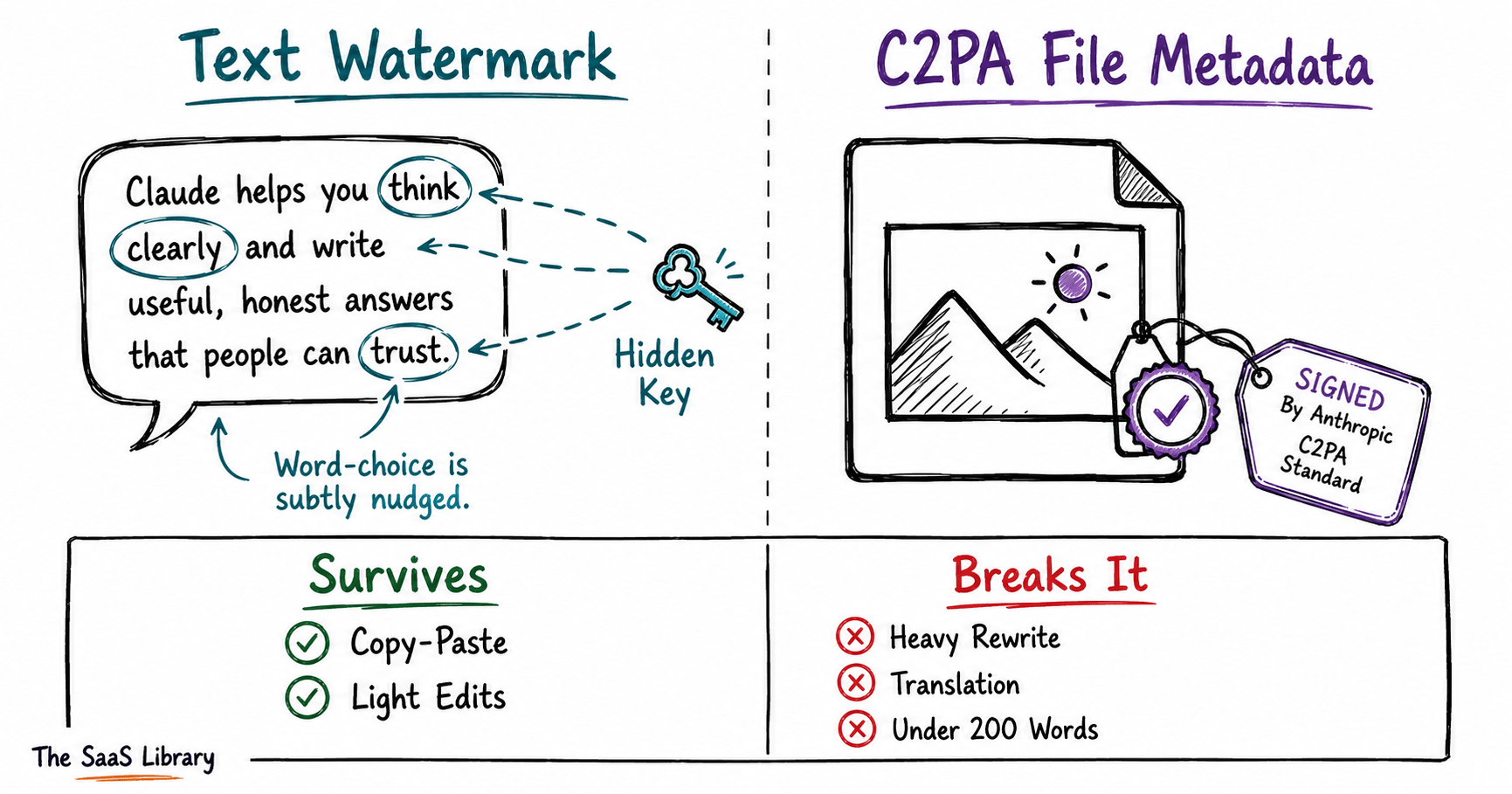 Diagram comparing Claude's text watermark and C2PA file metadata mechanisms