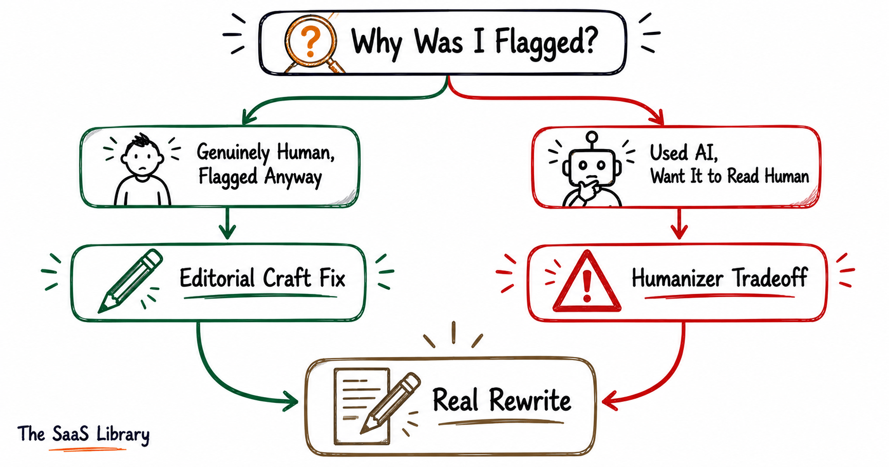 Decision diagram for fixing false AI detection flags on human or AI-assisted writing