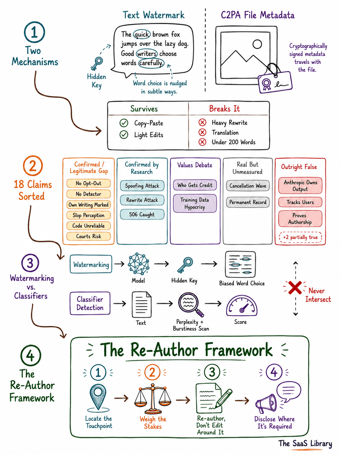 Visual summary of Claude watermark fact-check and the Re-Author Framework
