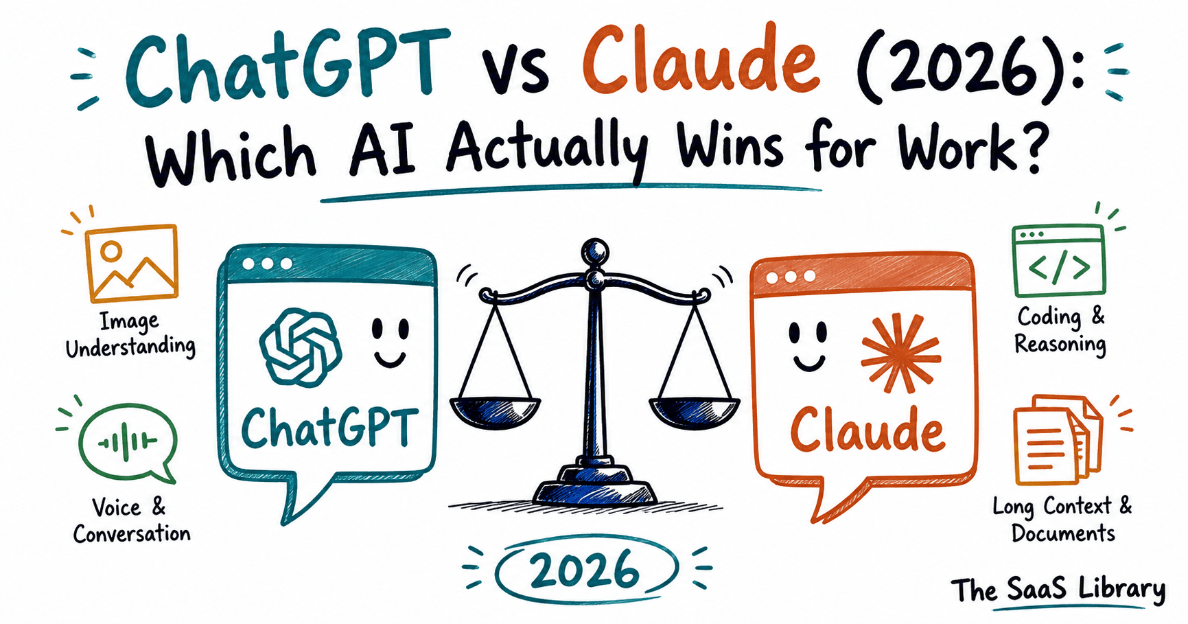 ChatGPT vs Claude 2026 comparison illustration showing both AI tools balanced on a scale