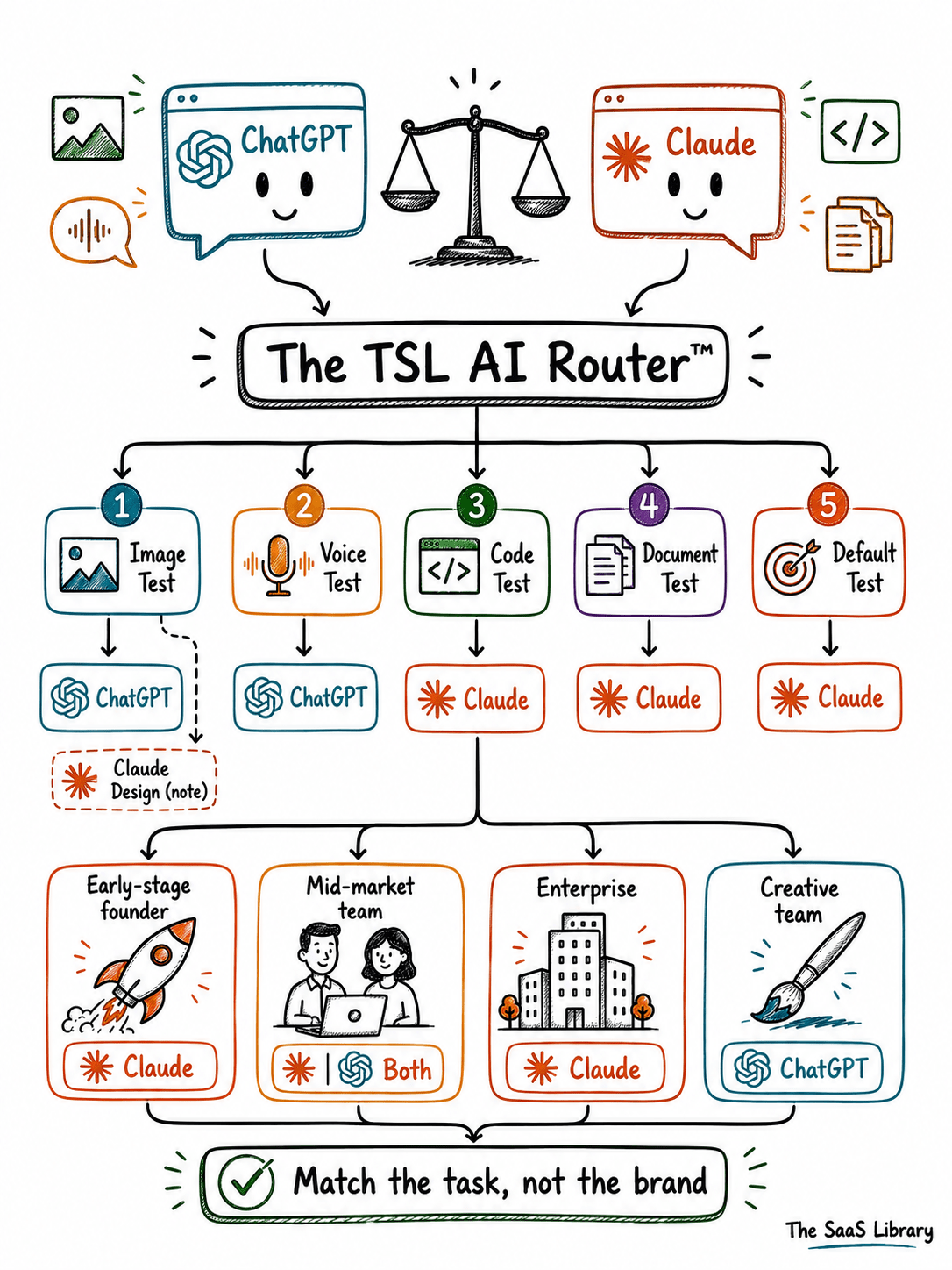 Summary diagram of the TSL AI Router framework connecting ChatGPT and Claude use cases